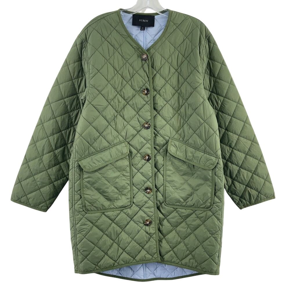 J.Crew Green/Blue Nylon Button-Up Reversible Puffer Jacket Women’s M Preowned
